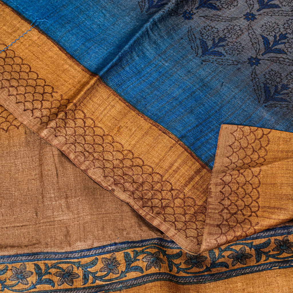 Sanskriti Vintage Sari Grayish Blue Pure Bamboo Silk Saree Hand Block Print 6+YD