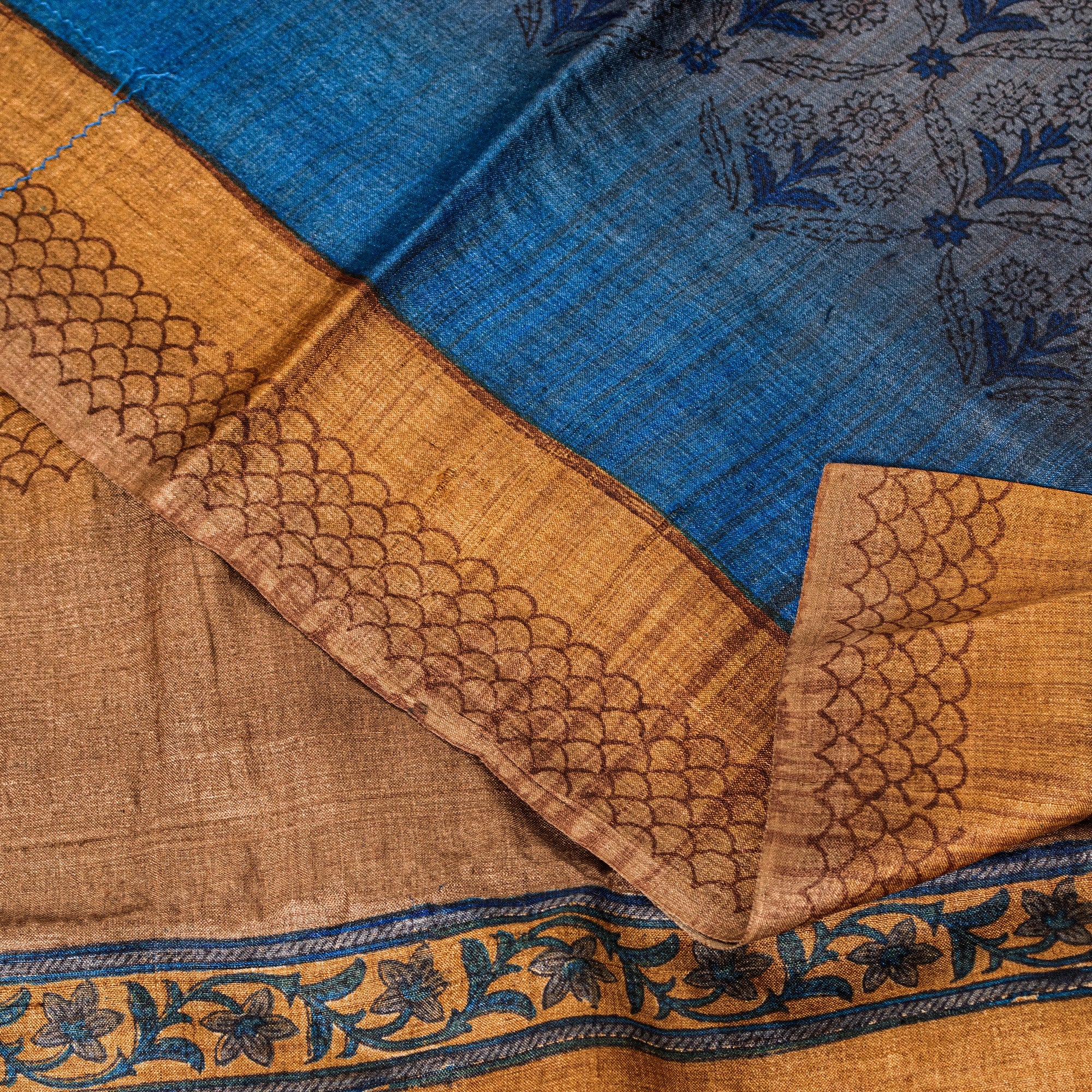 Sanskriti Vintage Sari Grayish Blue Pure Bamboo Silk Saree Hand Block Print 6+YD