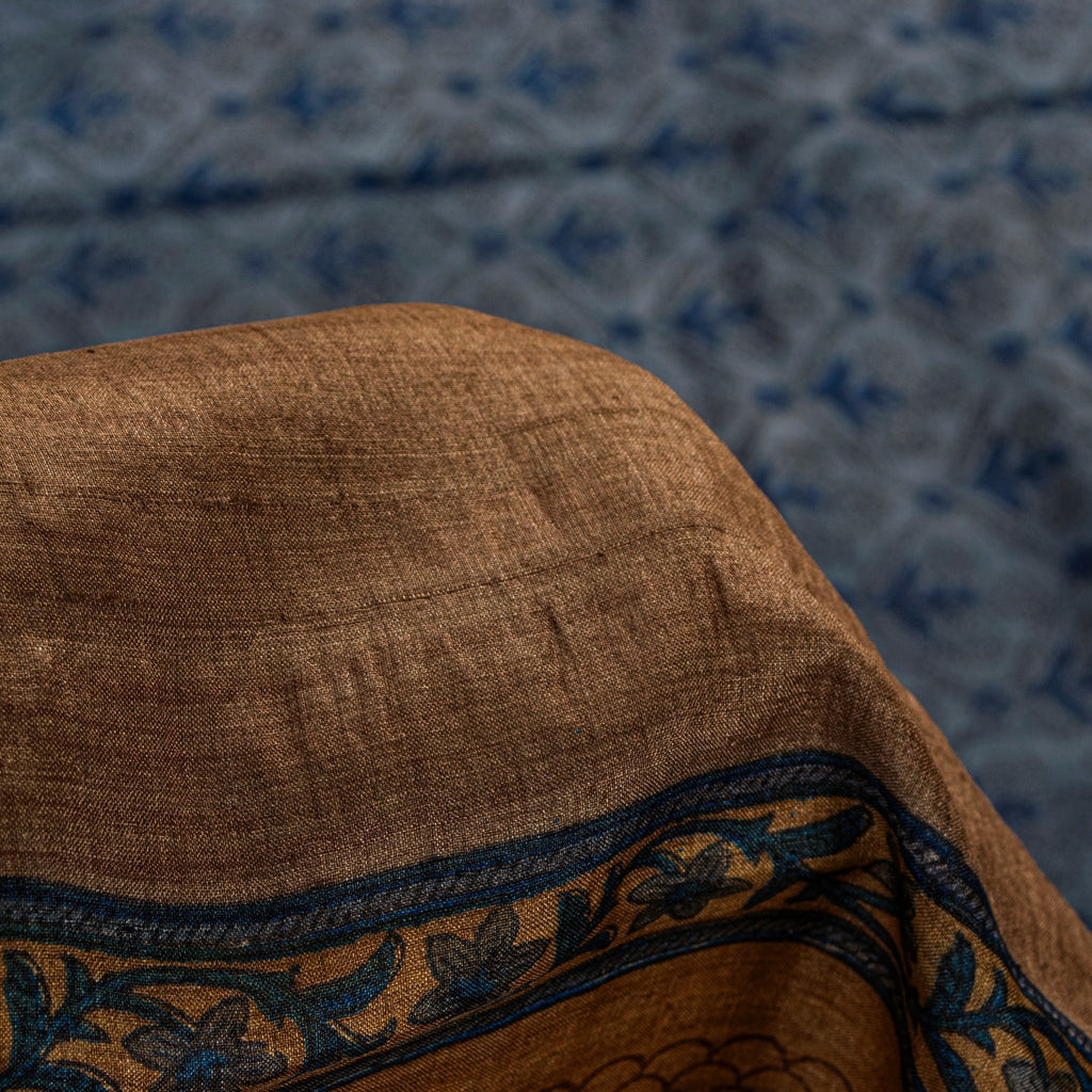 Sanskriti Vintage Sari Grayish Blue Pure Bamboo Silk Saree Hand Block Print 6+YD