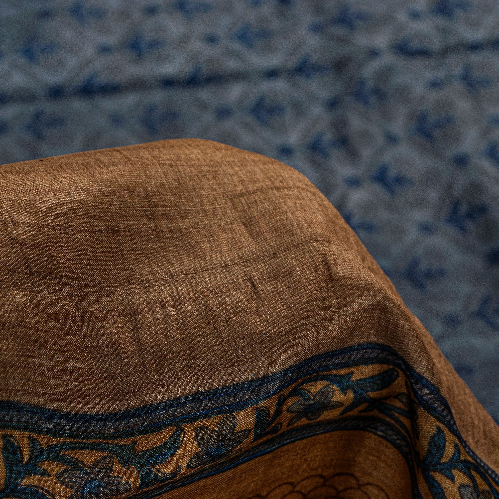 Sanskriti Vintage Sari Grayish Blue Pure Bamboo Silk Saree Hand Block Print 6+YD