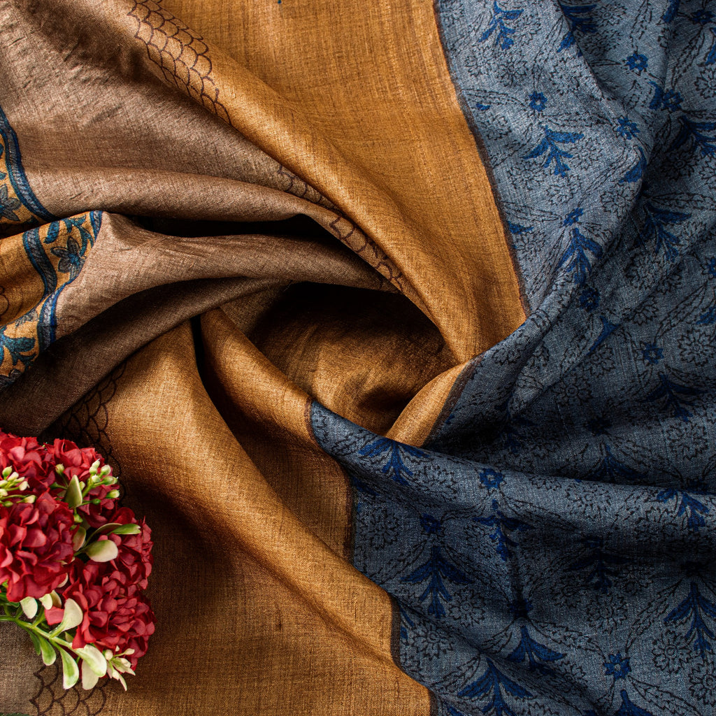 Sanskriti Vintage Sari Grayish Blue Pure Bamboo Silk Saree Hand Block Print 6+YD