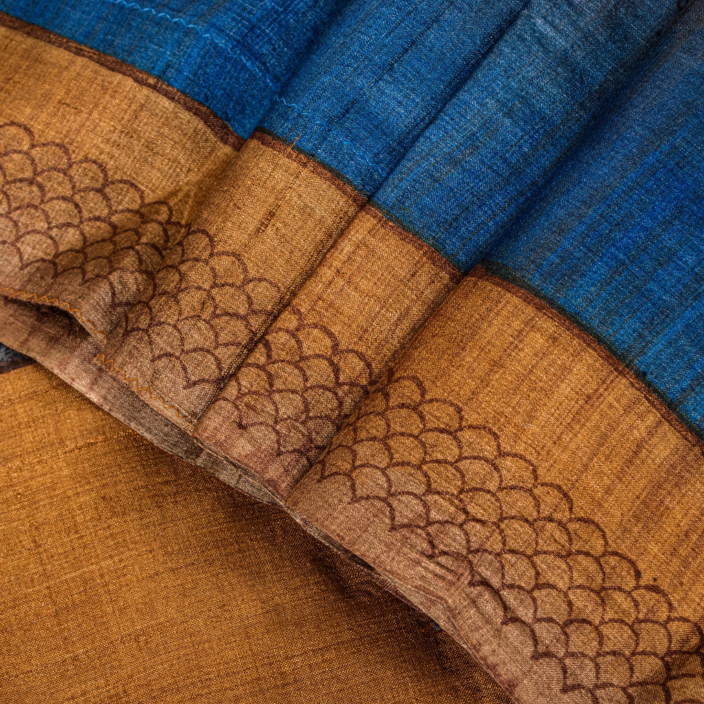 Sanskriti Vintage Sari Grayish Blue Pure Bamboo Silk Saree Hand Block Print 6+YD