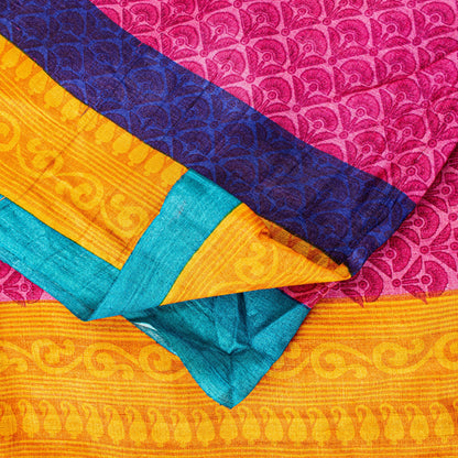 Sanskriti Vintage Saree Pink-Yellow 100% Pure Bamboo Silk Saree Hand Block Print 5.97 Fabric Create Dresses, Kaftan, Skirt, Tops, Projects