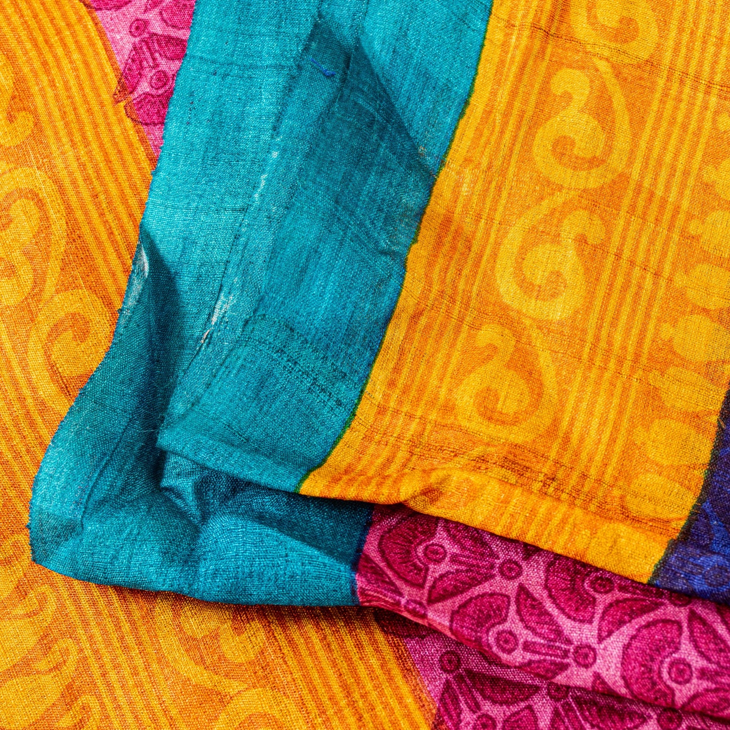 Sanskriti Vintage Saree Pink-Yellow 100% Pure Bamboo Silk Saree Hand Block Print 5.97 Fabric Create Dresses, Kaftan, Skirt, Tops, Projects