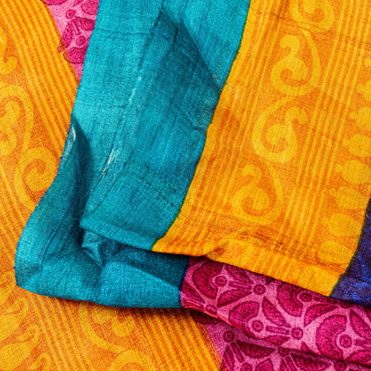 Sanskriti Vintage Saree Pink-Yellow 100% Pure Bamboo Silk Saree Hand Block Print 5.97 Fabric Create Dresses, Kaftan, Skirt, Tops, Projects