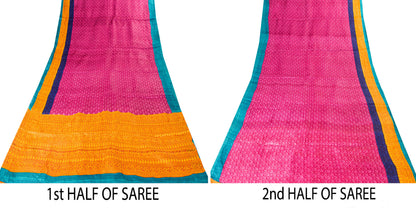 Sanskriti Vintage Saree Pink-Yellow 100% Pure Bamboo Silk Saree Hand Block Print 5.97 Fabric Create Dresses, Kaftan, Skirt, Tops, Projects