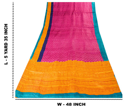 Sanskriti Vintage Saree Pink-Yellow 100% Pure Bamboo Silk Saree Hand Block Print 5.97 Fabric Create Dresses, Kaftan, Skirt, Tops, Projects