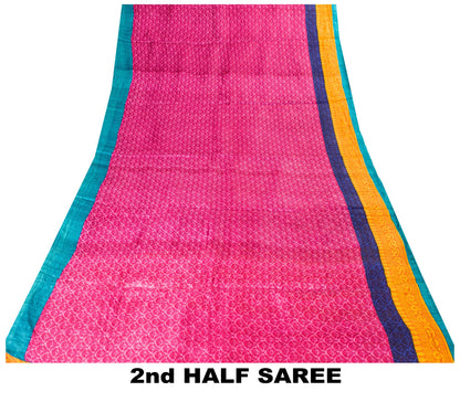 Sanskriti Vintage Saree Pink-Yellow 100% Pure Bamboo Silk Saree Hand Block Print 5.97 Fabric Create Dresses, Kaftan, Skirt, Tops, Projects