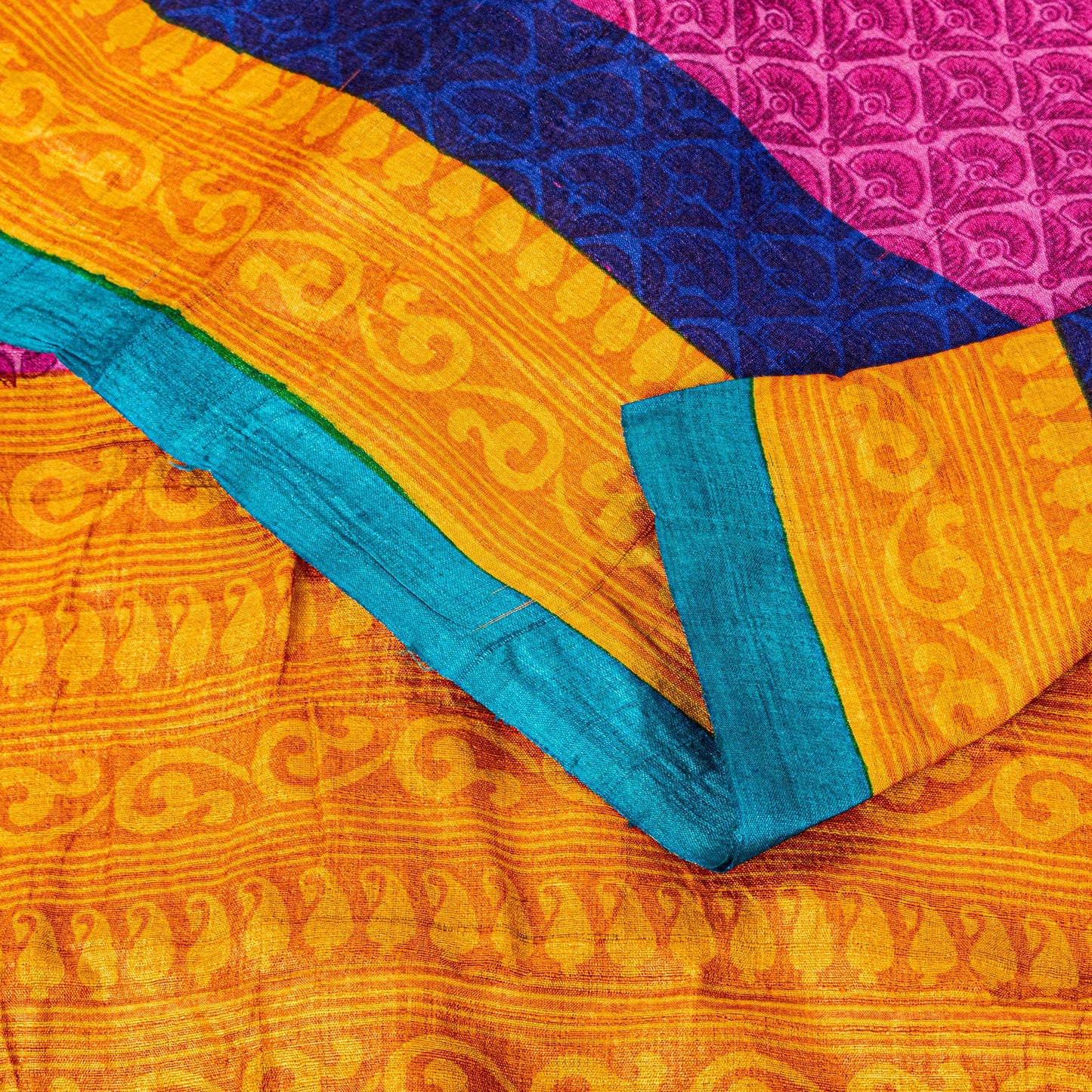 Sanskriti Vintage Saree Pink-Yellow 100% Pure Bamboo Silk Saree Hand Block Print 5.97 Fabric Create Dresses, Kaftan, Skirt, Tops, Projects
