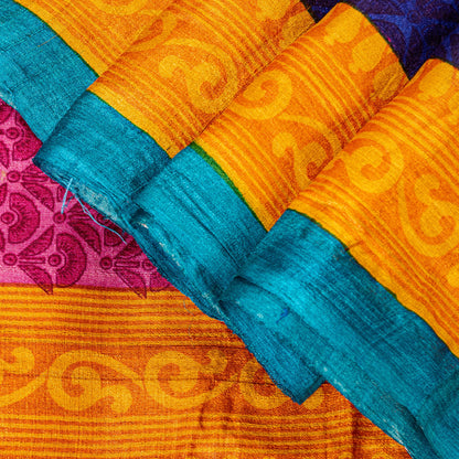 Sanskriti Vintage Saree Pink-Yellow 100% Pure Bamboo Silk Saree Hand Block Print 5.97 Fabric Create Dresses, Kaftan, Skirt, Tops, Projects