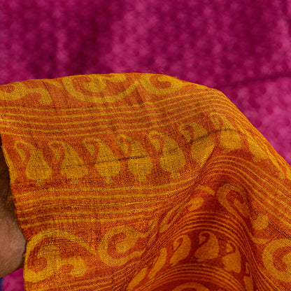 Sanskriti Vintage Saree Pink-Yellow 100% Pure Bamboo Silk Saree Hand Block Print 5.97 Fabric Create Dresses, Kaftan, Skirt, Tops, Projects