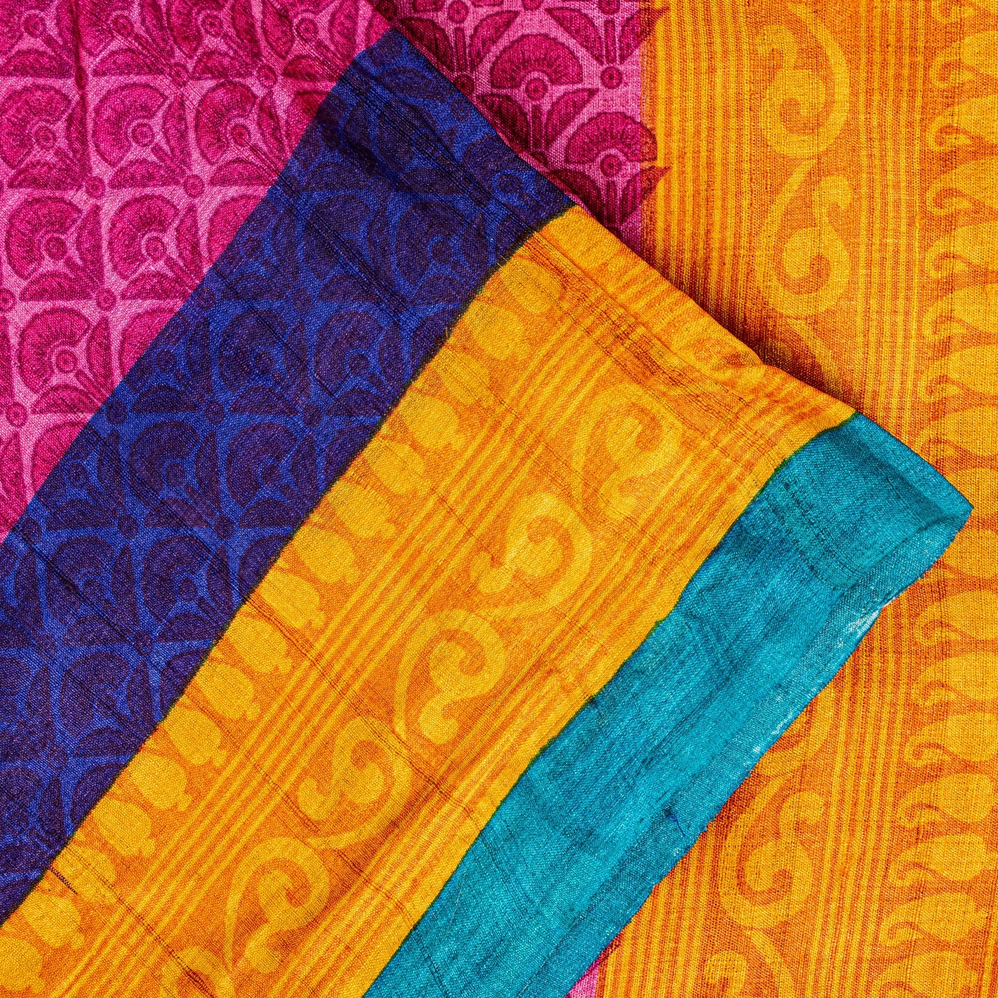 Sanskriti Vintage Saree Pink-Yellow 100% Pure Bamboo Silk Saree Hand Block Print 5.97 Fabric Create Dresses, Kaftan, Skirt, Tops, Projects