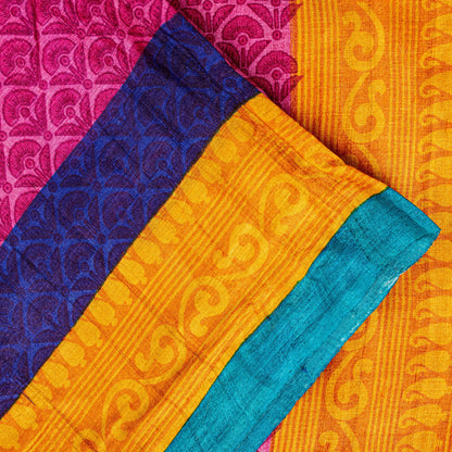 Sanskriti Vintage Saree Pink-Yellow 100% Pure Bamboo Silk Saree Hand Block Print 5.97 Fabric Create Dresses, Kaftan, Skirt, Tops, Projects