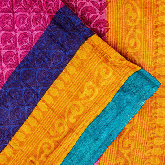 Sanskriti Vintage Pink-Yellow Pure Bamboo Silk Saree HandBlock Print 5.97 Fabric