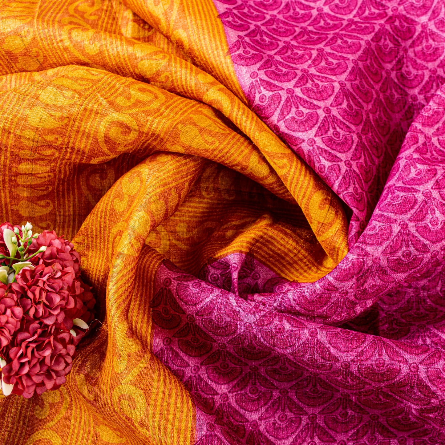 Sanskriti Vintage Saree Pink-Yellow 100% Pure Bamboo Silk Saree Hand Block Print 5.97 Fabric Create Dresses, Kaftan, Skirt, Tops, Projects