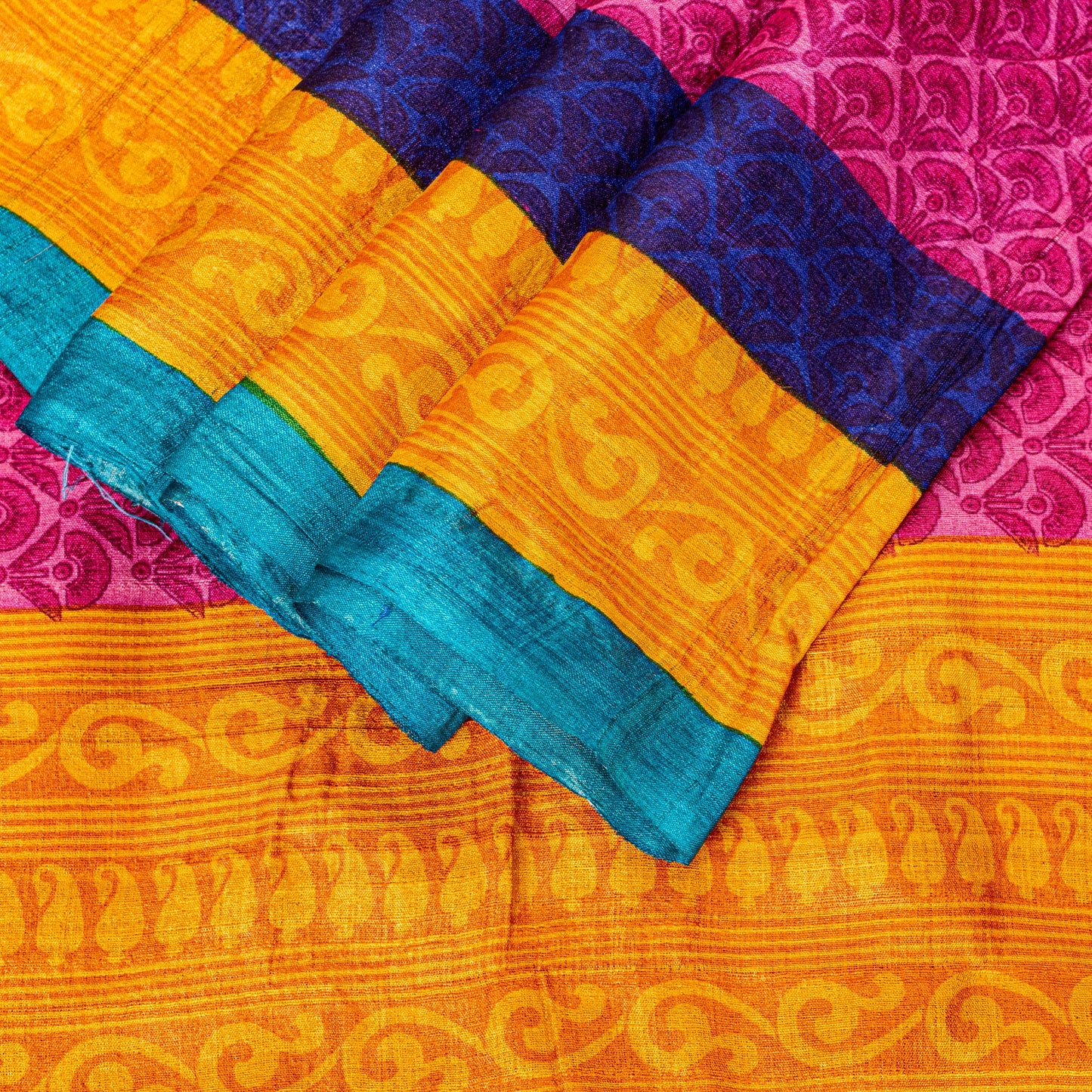 Sanskriti Vintage Saree Pink-Yellow 100% Pure Bamboo Silk Saree Hand Block Print 5.97 Fabric Create Dresses, Kaftan, Skirt, Tops, Projects