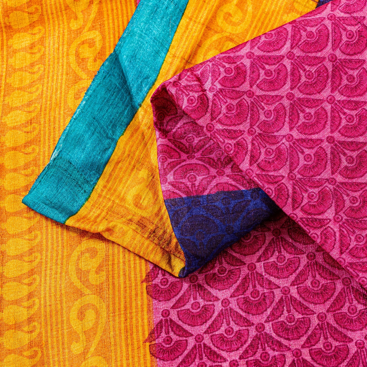 Sanskriti Vintage Saree Pink-Yellow 100% Pure Bamboo Silk Saree Hand Block Print 5.97 Fabric Create Dresses, Kaftan, Skirt, Tops, Projects