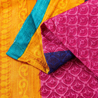 Sanskriti Vintage Saree Pink-Yellow 100% Pure Bamboo Silk Saree Hand Block Print 5.97 Fabric Create Dresses, Kaftan, Skirt, Tops, Projects