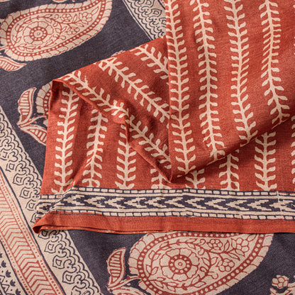 Sanskriti Vintage Saree Orange 100% Pure Bamboo Silk Leaf Hand Block 6+Yd Fabric Uses-Table linen,Cushions, Curtains, Dressing, Home Decor