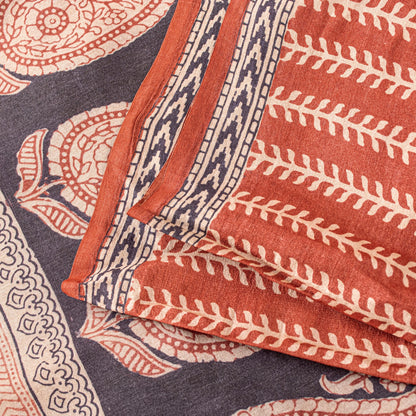 Sanskriti Vintage Saree Orange 100% Pure Bamboo Silk Leaf Hand Block 6+Yd Fabric Uses-Table linen,Cushions, Curtains, Dressing, Home Decor
