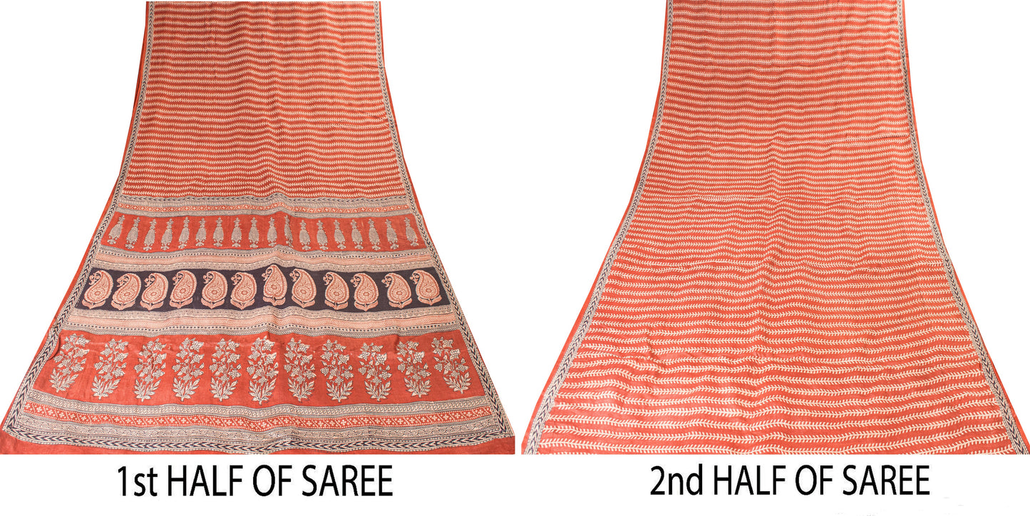 Sanskriti Vintage Saree Orange 100% Pure Bamboo Silk Leaf Hand Block 6+Yd Fabric Uses-Table linen,Cushions, Curtains, Dressing, Home Decor