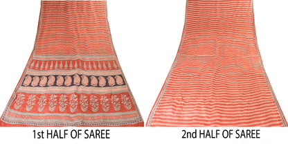 Sanskriti Vintage Saree Orange 100% Pure Bamboo Silk Leaf Hand Block 6+Yd Fabric Uses-Table linen,Cushions, Curtains, Dressing, Home Decor