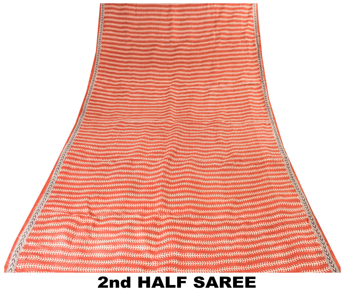 Sanskriti Vintage Saree Orange 100% Pure Bamboo Silk Leaf Hand Block 6+Yd Fabric Uses-Table linen,Cushions, Curtains, Dressing, Home Decor