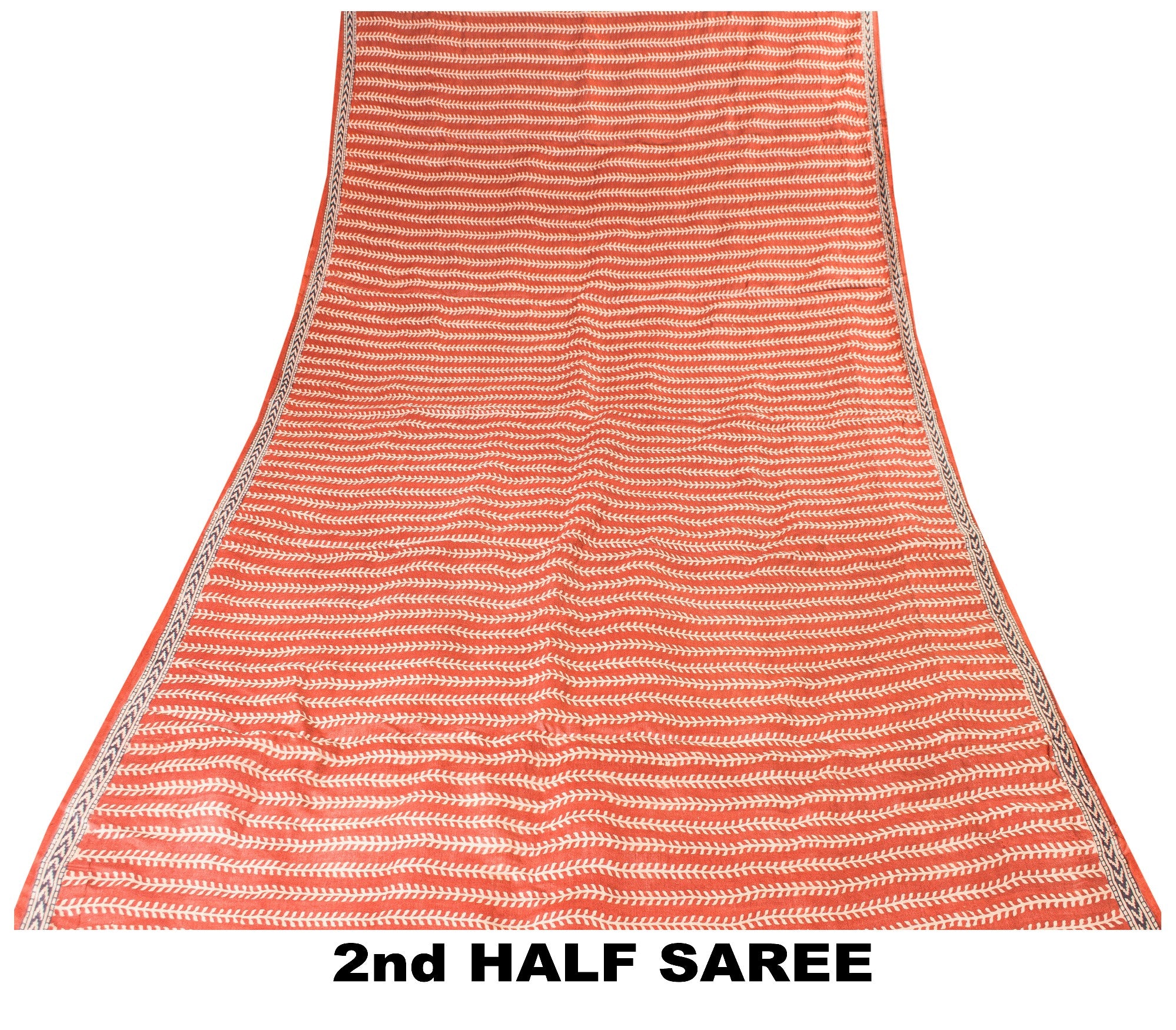 Sanskriti Vintage Sari Orange Pure Bamboo Silk Saree Leaf Hand Block 6+YD Fabric