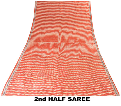 Sanskriti Vintage Saree Orange 100% Pure Bamboo Silk Leaf Hand Block 6+Yd Fabric Uses-Table linen,Cushions, Curtains, Dressing, Home Decor