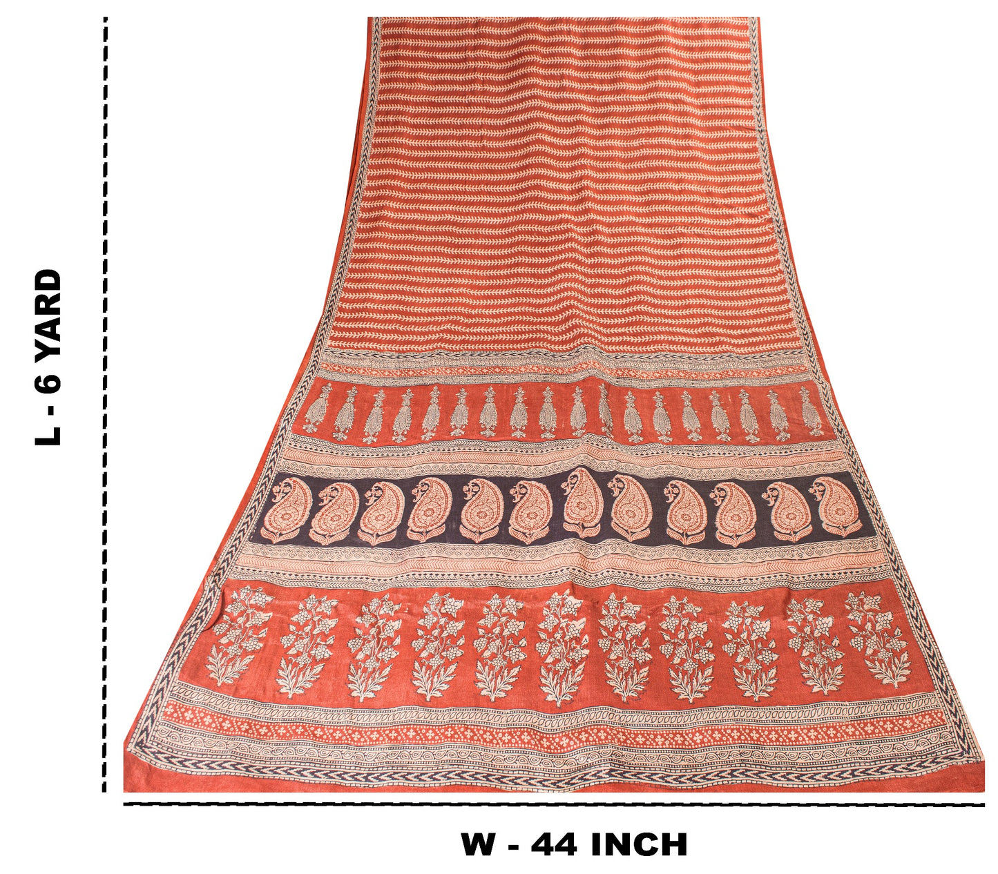 Sanskriti Vintage Saree Orange 100% Pure Bamboo Silk Leaf Hand Block 6+Yd Fabric Uses-Table linen,Cushions, Curtains, Dressing, Home Decor