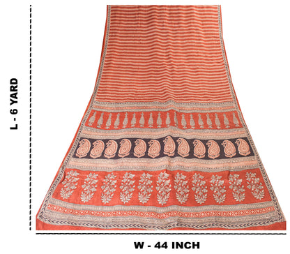 Sanskriti Vintage Saree Orange 100% Pure Bamboo Silk Leaf Hand Block 6+Yd Fabric Uses-Table linen,Cushions, Curtains, Dressing, Home Decor