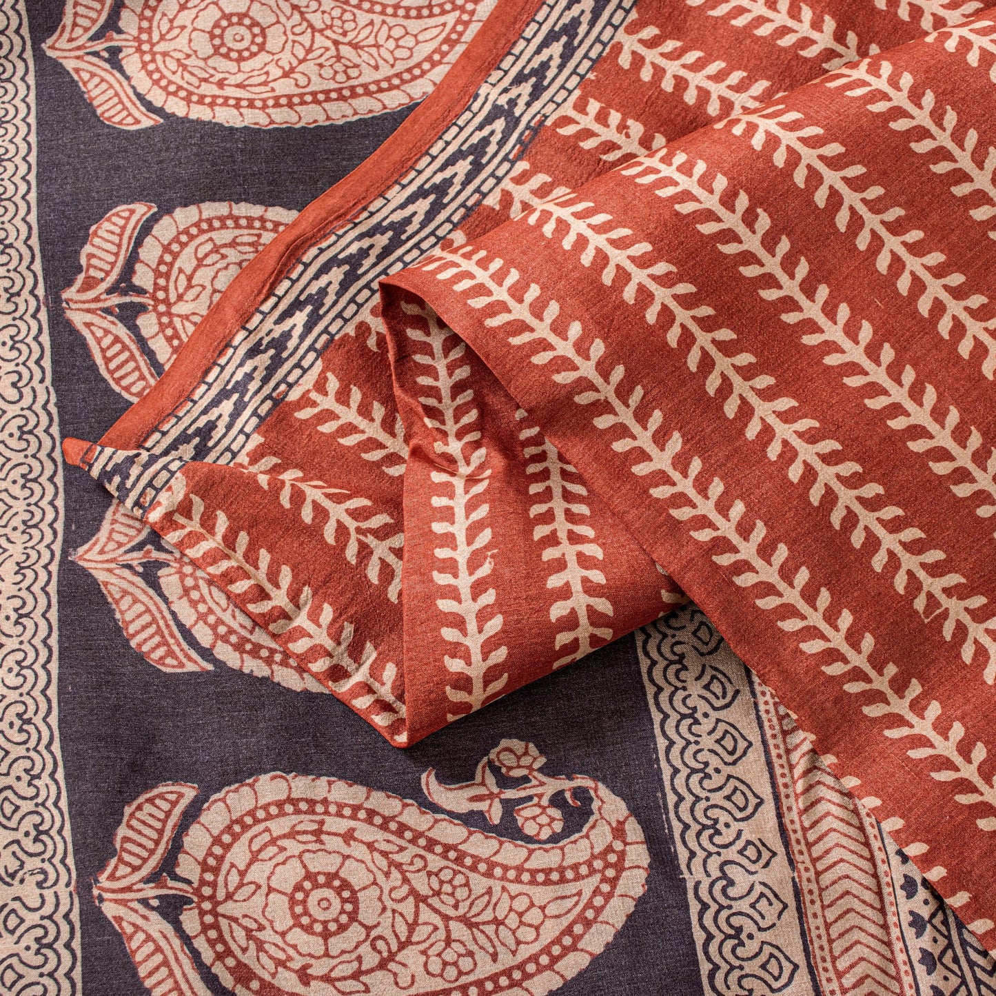 Sanskriti Vintage Saree Orange 100% Pure Bamboo Silk Leaf Hand Block 6+Yd Fabric Uses-Table linen,Cushions, Curtains, Dressing, Home Decor
