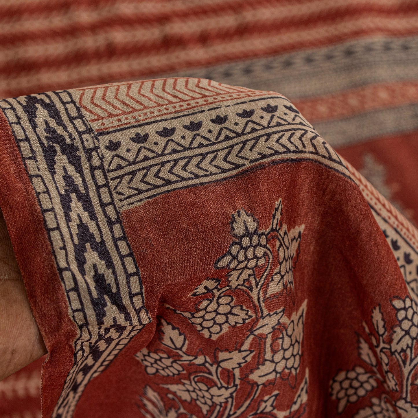 Sanskriti Vintage Saree Orange 100% Pure Bamboo Silk Leaf Hand Block 6+Yd Fabric Uses-Table linen,Cushions, Curtains, Dressing, Home Decor