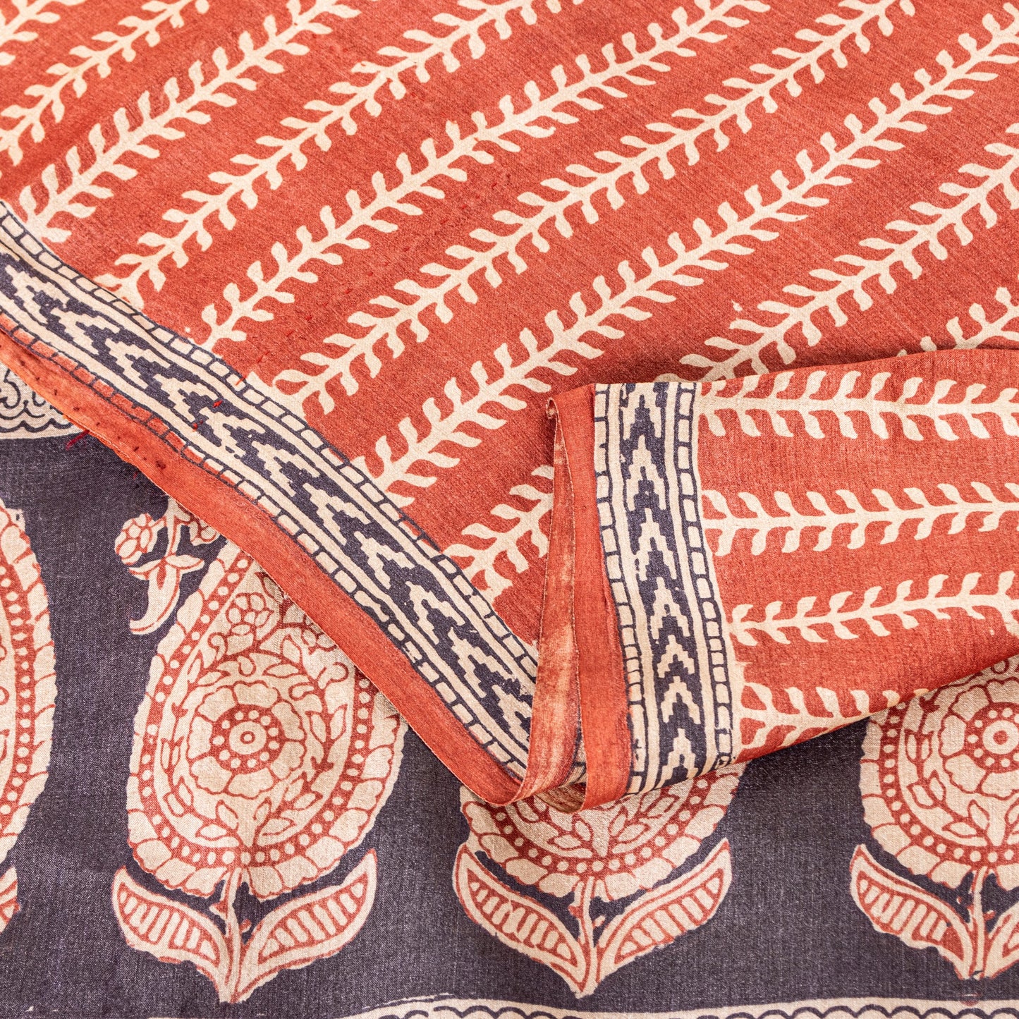 Sanskriti Vintage Saree Orange 100% Pure Bamboo Silk Leaf Hand Block 6+Yd Fabric Uses-Table linen,Cushions, Curtains, Dressing, Home Decor