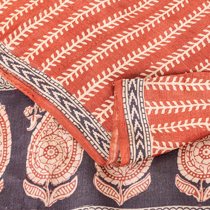Sanskriti Vintage Saree Orange 100% Pure Bamboo Silk Leaf Hand Block 6+Yd Fabric Uses-Table linen,Cushions, Curtains, Dressing, Home Decor