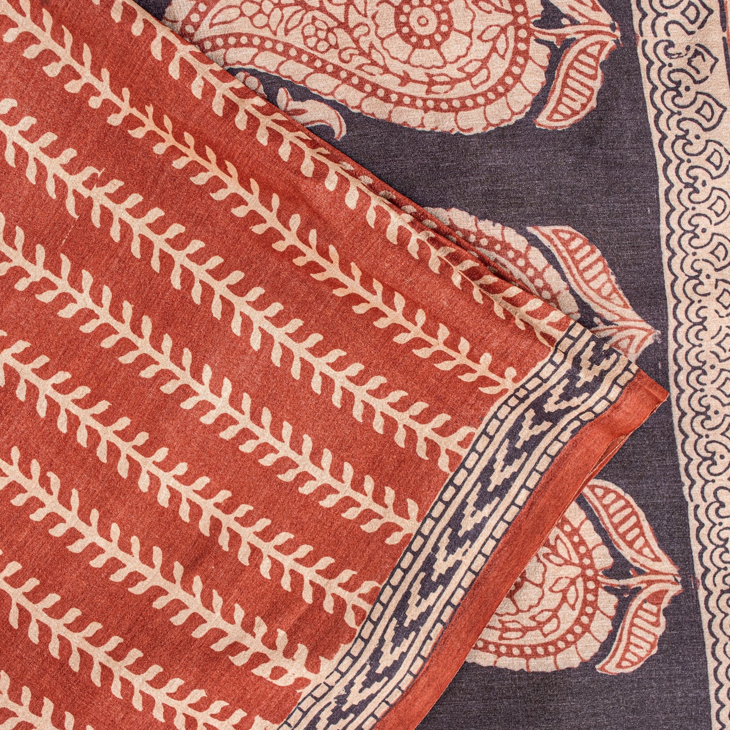 Sanskriti Vintage Saree Orange 100% Pure Bamboo Silk Leaf Hand Block 6+Yd Fabric Uses-Table linen,Cushions, Curtains, Dressing, Home Decor