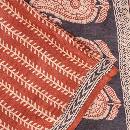 Sanskriti Vintage Saree Orange 100% Pure Bamboo Silk Leaf Hand Block 6+Yd Fabric Uses-Table linen,Cushions, Curtains, Dressing, Home Decor