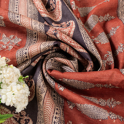 Sanskriti Vintage Saree Orange 100% Pure Bamboo Silk Leaf Hand Block 6+Yd Fabric Uses-Table linen,Cushions, Curtains, Dressing, Home Decor