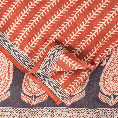 Sanskriti Vintage Saree Orange 100% Pure Bamboo Silk Leaf Hand Block 6+Yd Fabric Uses-Table linen,Cushions, Curtains, Dressing, Home Decor