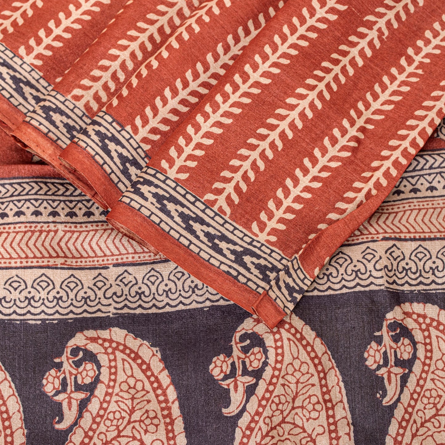 Sanskriti Vintage Saree Orange 100% Pure Bamboo Silk Leaf Hand Block 6+Yd Fabric Uses-Table linen,Cushions, Curtains, Dressing, Home Decor