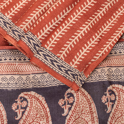 Sanskriti Vintage Saree Orange 100% Pure Bamboo Silk Leaf Hand Block 6+Yd Fabric Uses-Table linen,Cushions, Curtains, Dressing, Home Decor