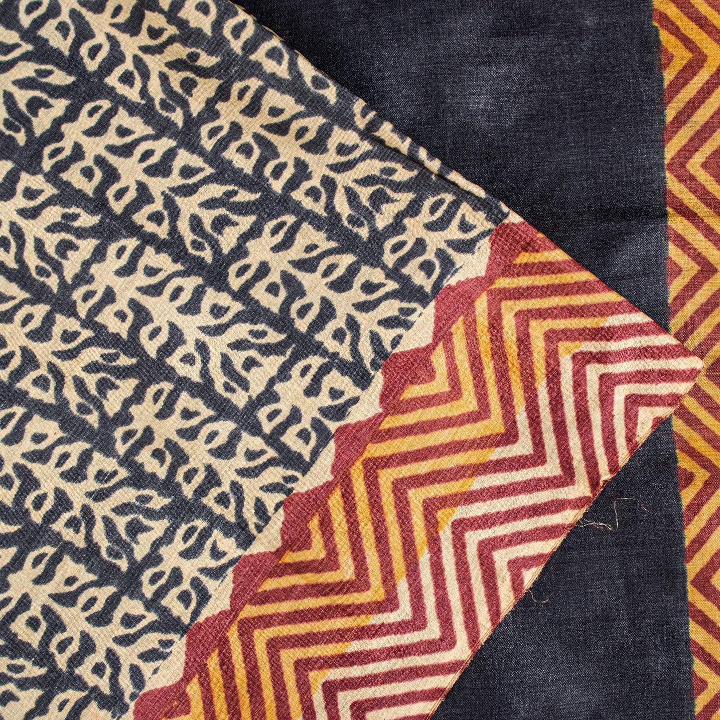 Sanskriti Vintage Saree Black Pure Bamboo Silk Bagru Hand Block Print 6+Yd Sari Create Dresses, Kaftan, Skirt,, Projects, Decor, Sewing