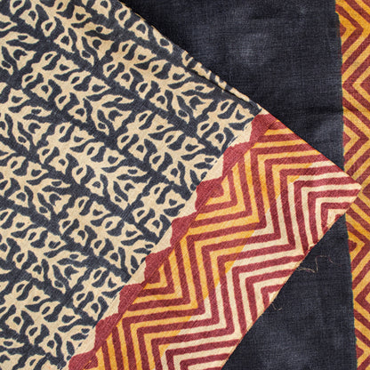 Sanskriti Vintage Saree Black Pure Bamboo Silk Bagru Hand Block Print 6+Yd Sari Create Dresses, Kaftan, Skirt,, Projects, Decor, Sewing