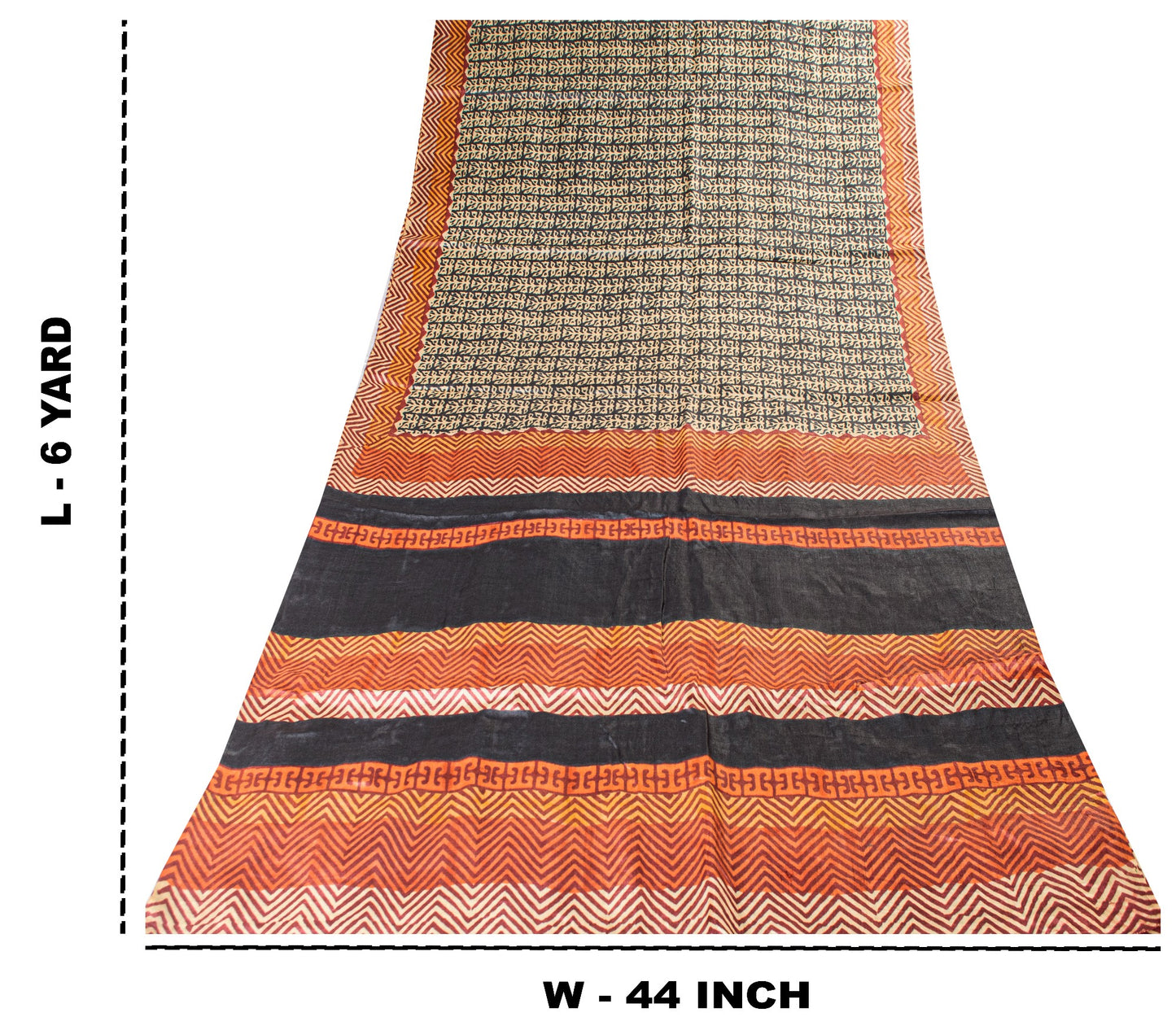 Sanskriti Vintage Saree Black Pure Bamboo Silk Bagru Hand Block Print 6+Yd Sari Create Dresses, Kaftan, Skirt,, Projects, Decor, Sewing
