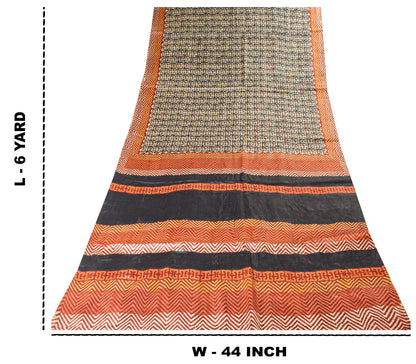 Sanskriti Vintage Saree Black Pure Bamboo Silk Bagru Hand Block Print 6+Yd Sari Create Dresses, Kaftan, Skirt,, Projects, Decor, Sewing