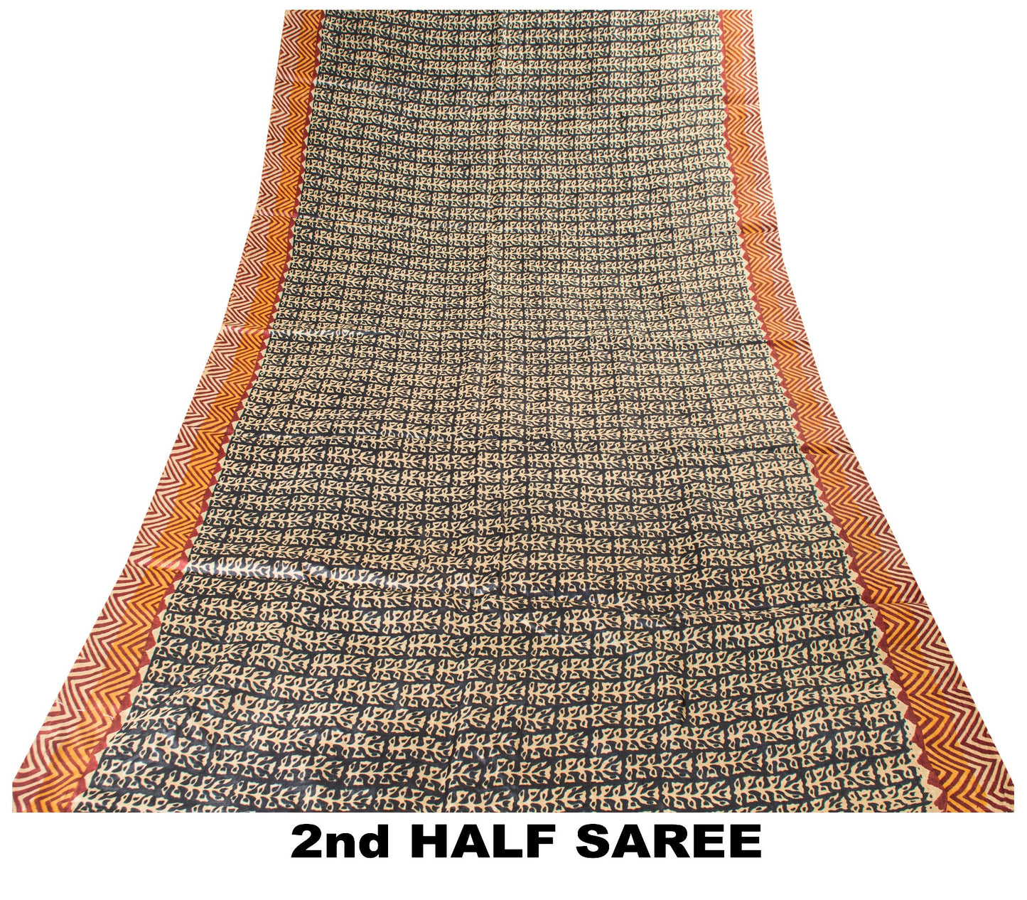 Sanskriti Vintage Saree Black Pure Bamboo Silk Bagru Hand Block Print 6+Yd Sari Create Dresses, Kaftan, Skirt,, Projects, Decor, Sewing