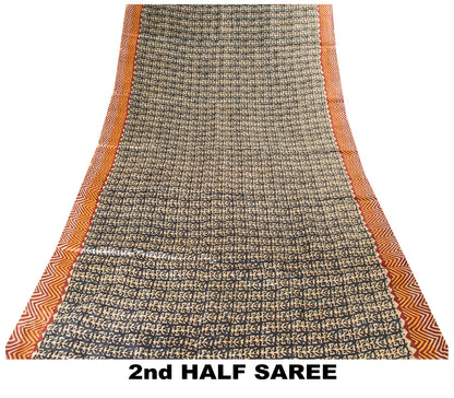Sanskriti Vintage Saree Black Pure Bamboo Silk Bagru Hand Block Print 6+Yd Sari Create Dresses, Kaftan, Skirt,, Projects, Decor, Sewing