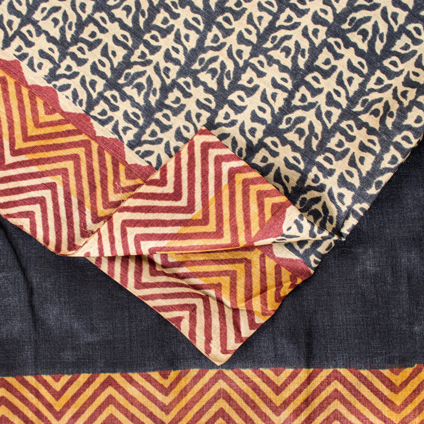 Sanskriti Vintage Saree Black Pure Bamboo Silk Bagru Hand Block Print 6+Yd Sari Create Dresses, Kaftan, Skirt,, Projects, Decor, Sewing