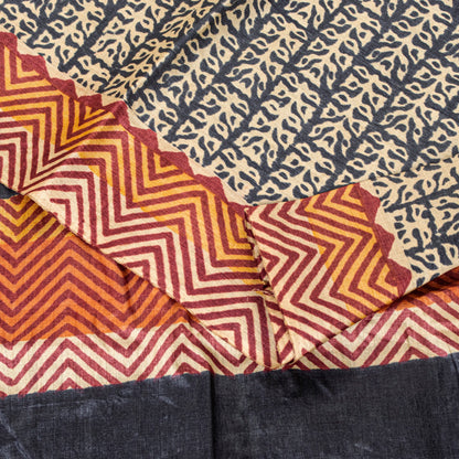 Sanskriti Vintage Saree Black Pure Bamboo Silk Bagru Hand Block Print 6+Yd Sari Create Dresses, Kaftan, Skirt,, Projects, Decor, Sewing