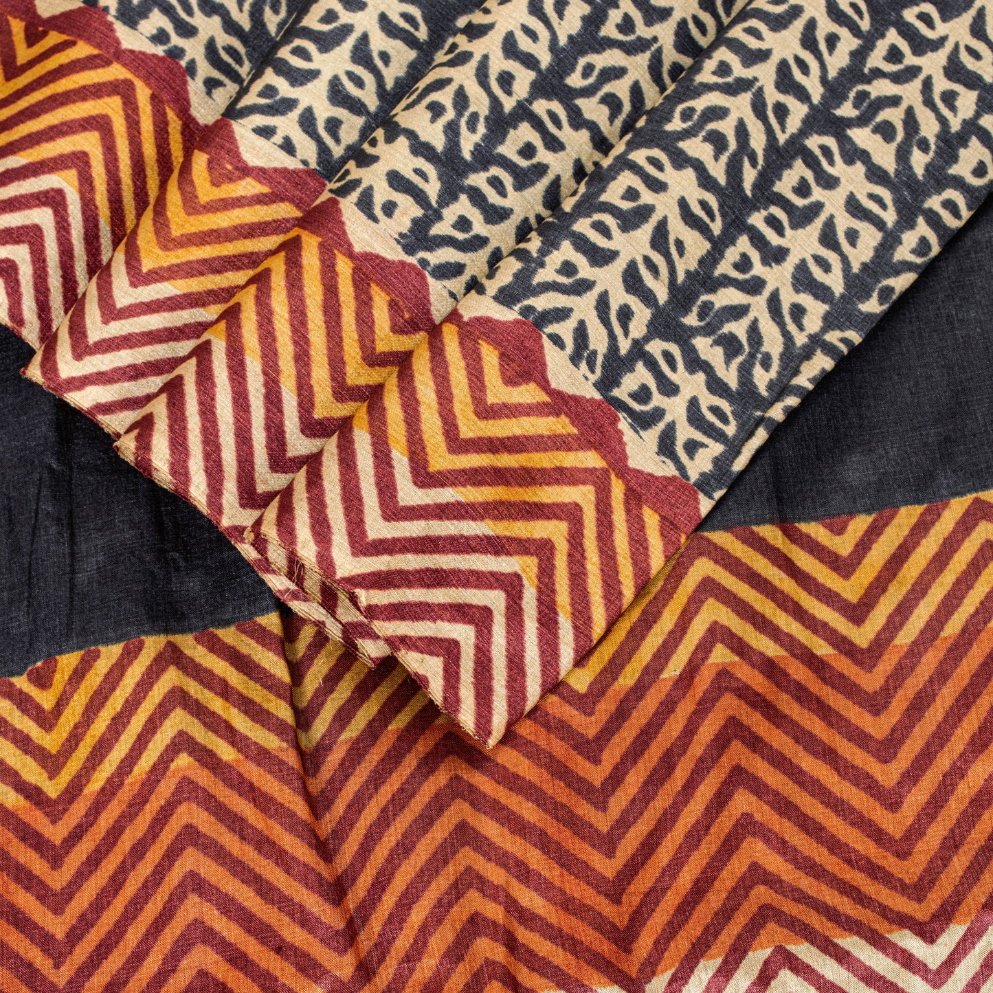 Sanskriti Vintage Saree Black Pure Bamboo Silk Bagru Hand Block Print 6+Yd Sari Create Dresses, Kaftan, Skirt,, Projects, Decor, Sewing